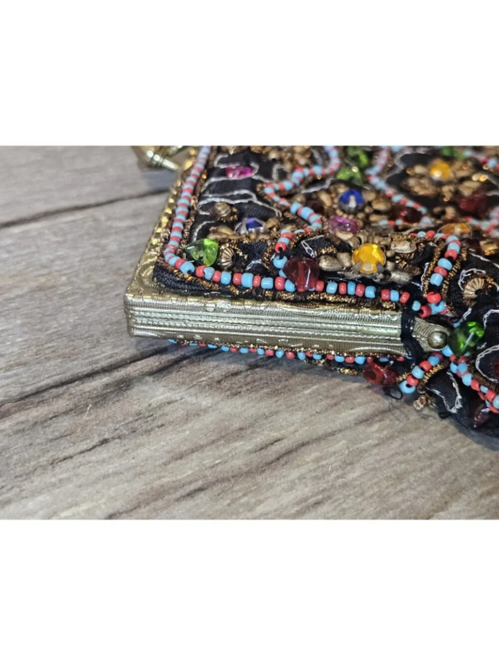 VTG Black Beaded Evening Bag Clutch Floral India